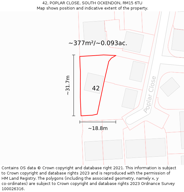 42, POPLAR CLOSE, SOUTH OCKENDON, RM15 6TU: Plot and title map