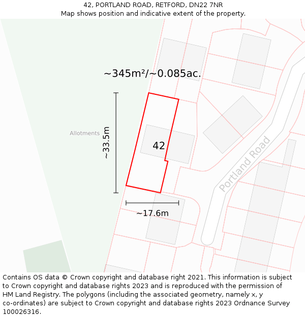 42, PORTLAND ROAD, RETFORD, DN22 7NR: Plot and title map