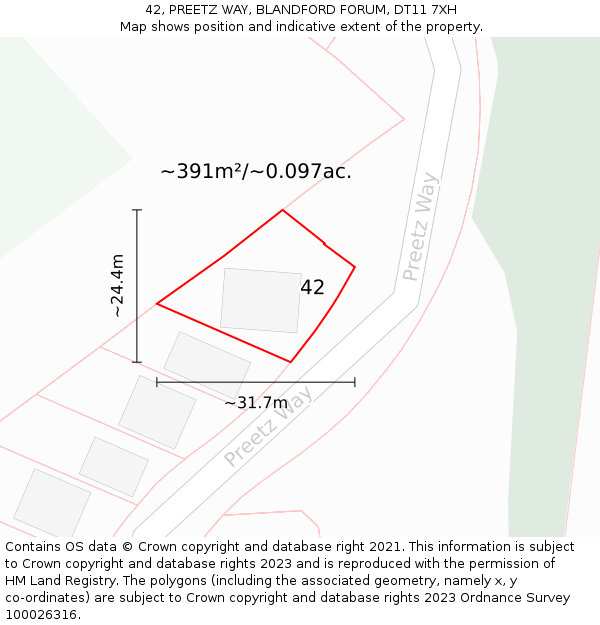 42, PREETZ WAY, BLANDFORD FORUM, DT11 7XH: Plot and title map