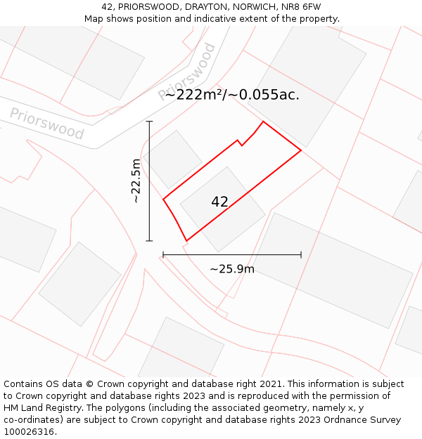 42, PRIORSWOOD, DRAYTON, NORWICH, NR8 6FW: Plot and title map