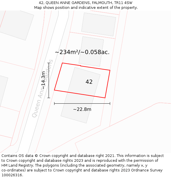 42, QUEEN ANNE GARDENS, FALMOUTH, TR11 4SW: Plot and title map