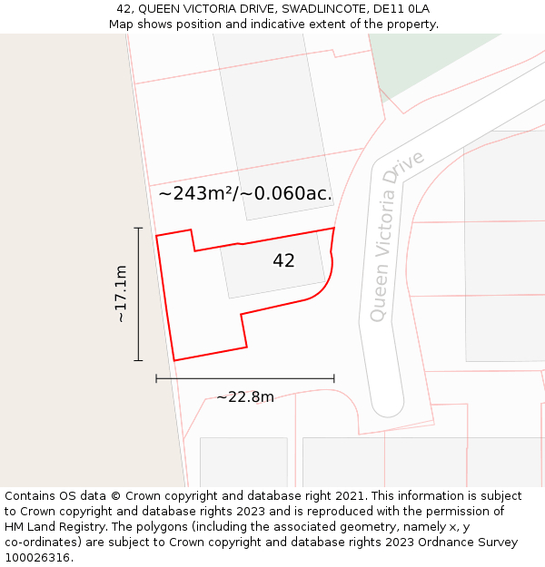 42, QUEEN VICTORIA DRIVE, SWADLINCOTE, DE11 0LA: Plot and title map