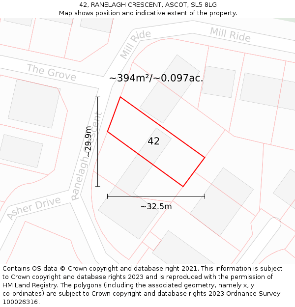 42, RANELAGH CRESCENT, ASCOT, SL5 8LG: Plot and title map