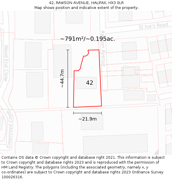 42, RAWSON AVENUE, HALIFAX, HX3 0LR: Plot and title map