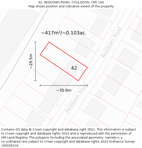 42, REDDOWN ROAD, COULSDON, CR5 1AX: Plot and title map