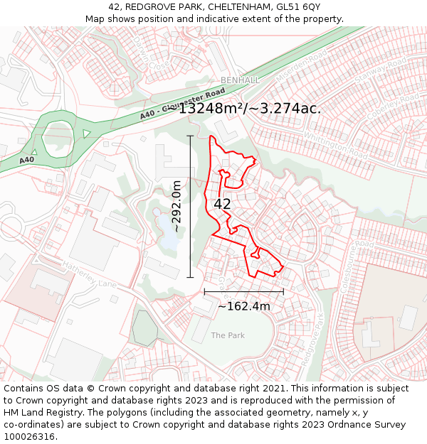 42, REDGROVE PARK, CHELTENHAM, GL51 6QY: Plot and title map