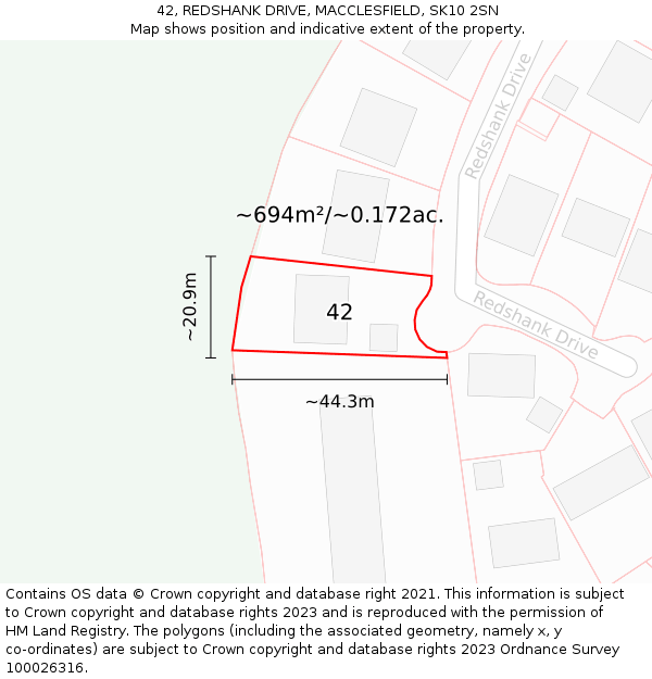 42, REDSHANK DRIVE, MACCLESFIELD, SK10 2SN: Plot and title map