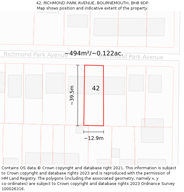 42, RICHMOND PARK AVENUE, BOURNEMOUTH, BH8 9DP: Plot and title map