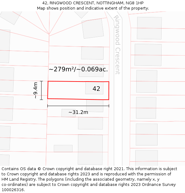 42, RINGWOOD CRESCENT, NOTTINGHAM, NG8 1HP: Plot and title map