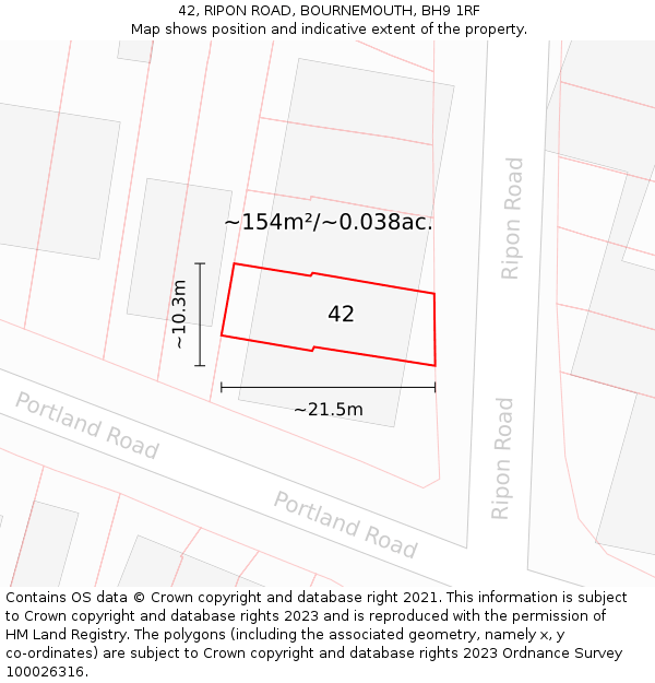 42, RIPON ROAD, BOURNEMOUTH, BH9 1RF: Plot and title map