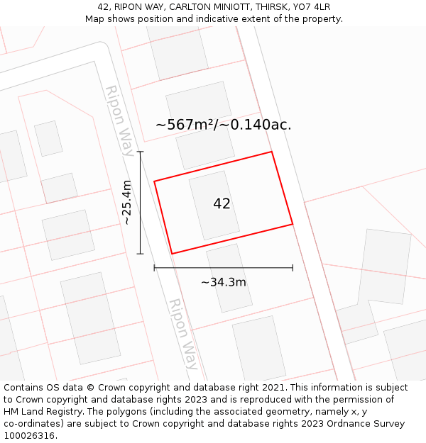 42, RIPON WAY, CARLTON MINIOTT, THIRSK, YO7 4LR: Plot and title map