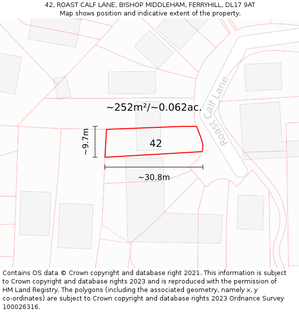 42, ROAST CALF LANE, BISHOP MIDDLEHAM, FERRYHILL, DL17 9AT: Plot and title map