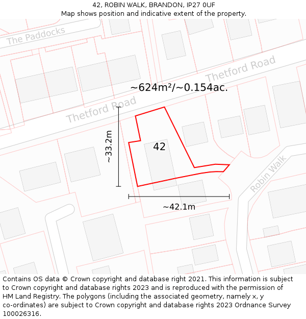 42, ROBIN WALK, BRANDON, IP27 0UF: Plot and title map