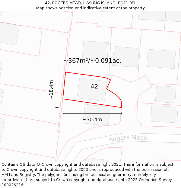 42, ROGERS MEAD, HAYLING ISLAND, PO11 0PL: Plot and title map