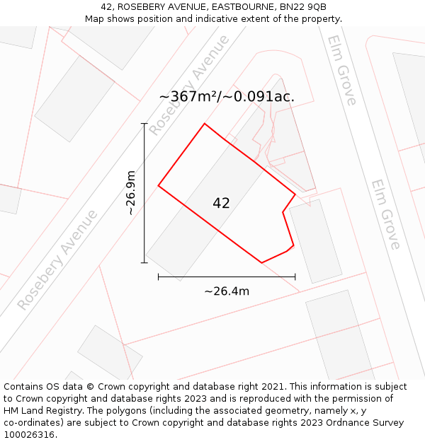 42, ROSEBERY AVENUE, EASTBOURNE, BN22 9QB: Plot and title map