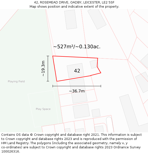 42, ROSEMEAD DRIVE, OADBY, LEICESTER, LE2 5SF: Plot and title map