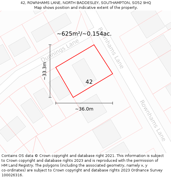 42, ROWNHAMS LANE, NORTH BADDESLEY, SOUTHAMPTON, SO52 9HQ: Plot and title map