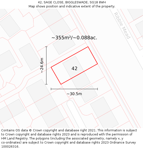 42, SAGE CLOSE, BIGGLESWADE, SG18 8WH: Plot and title map