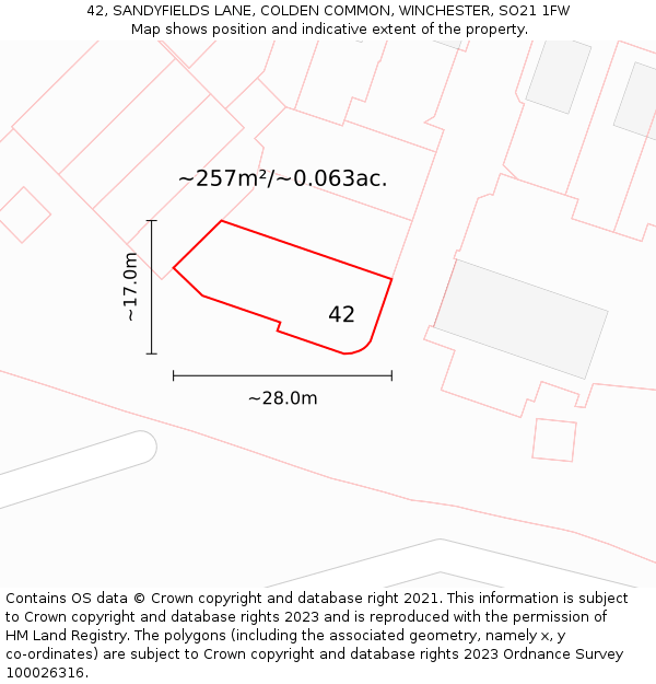 42, SANDYFIELDS LANE, COLDEN COMMON, WINCHESTER, SO21 1FW: Plot and title map