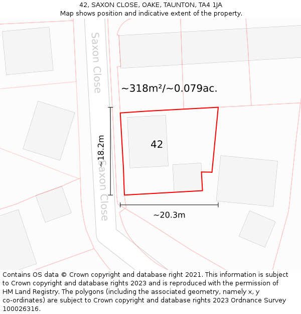 42, SAXON CLOSE, OAKE, TAUNTON, TA4 1JA: Plot and title map