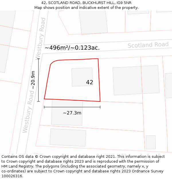 42, SCOTLAND ROAD, BUCKHURST HILL, IG9 5NR: Plot and title map