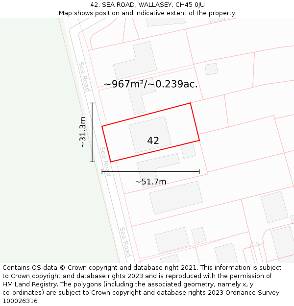 42, SEA ROAD, WALLASEY, CH45 0JU: Plot and title map