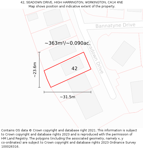 42, SEADOWN DRIVE, HIGH HARRINGTON, WORKINGTON, CA14 4NE: Plot and title map