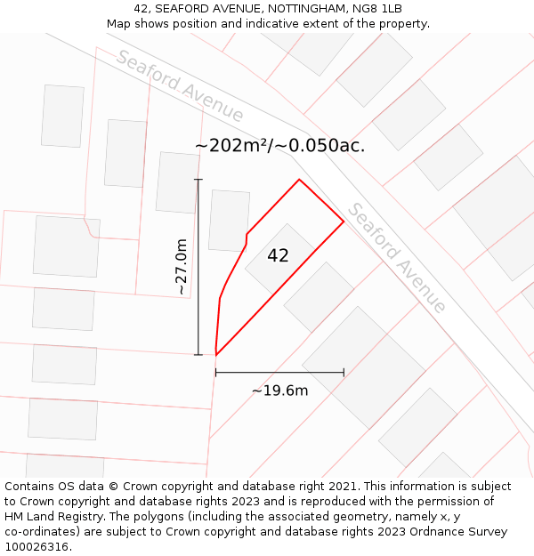 42, SEAFORD AVENUE, NOTTINGHAM, NG8 1LB: Plot and title map