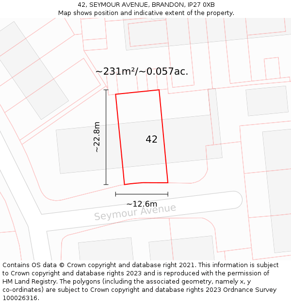 42, SEYMOUR AVENUE, BRANDON, IP27 0XB: Plot and title map