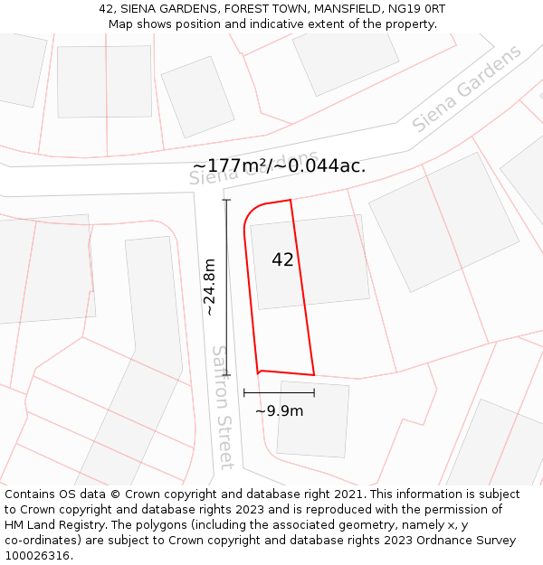 42, SIENA GARDENS, FOREST TOWN, MANSFIELD, NG19 0RT: Plot and title map