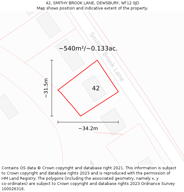 42, SMITHY BROOK LANE, DEWSBURY, WF12 0JD: Plot and title map