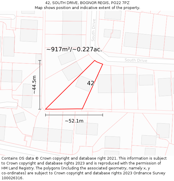 42, SOUTH DRIVE, BOGNOR REGIS, PO22 7PZ: Plot and title map