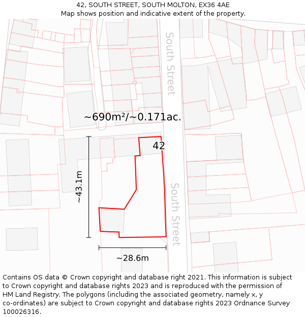 42, SOUTH STREET, SOUTH MOLTON, EX36 4AE: Plot and title map