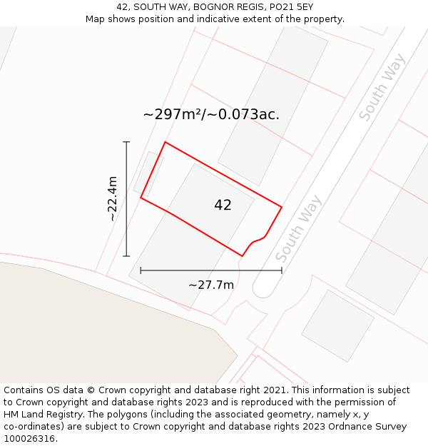 42, SOUTH WAY, BOGNOR REGIS, PO21 5EY: Plot and title map