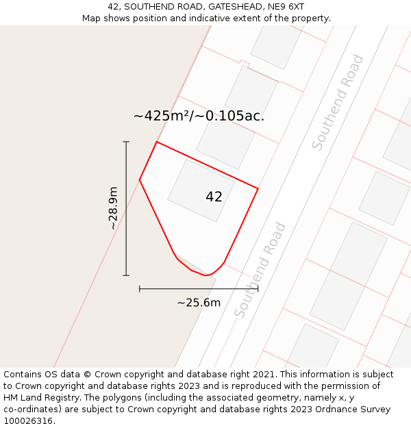 42, SOUTHEND ROAD, GATESHEAD, NE9 6XT: Plot and title map