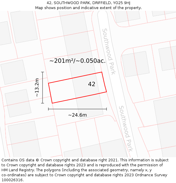 42, SOUTHWOOD PARK, DRIFFIELD, YO25 9HJ: Plot and title map