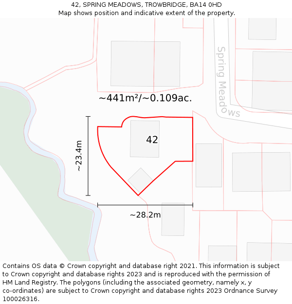 42, SPRING MEADOWS, TROWBRIDGE, BA14 0HD: Plot and title map