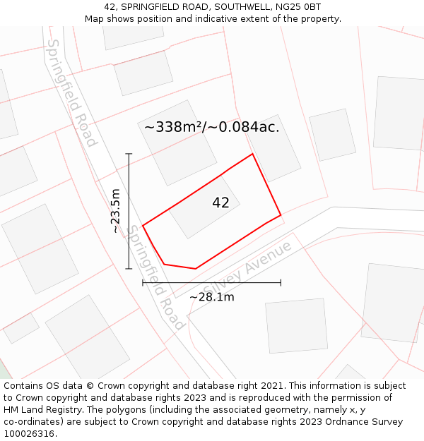 42, SPRINGFIELD ROAD, SOUTHWELL, NG25 0BT: Plot and title map