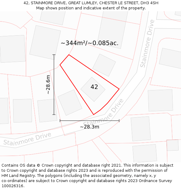 42, STAINMORE DRIVE, GREAT LUMLEY, CHESTER LE STREET, DH3 4SH: Plot and title map