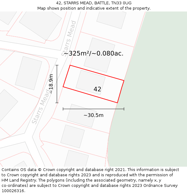42, STARRS MEAD, BATTLE, TN33 0UG: Plot and title map