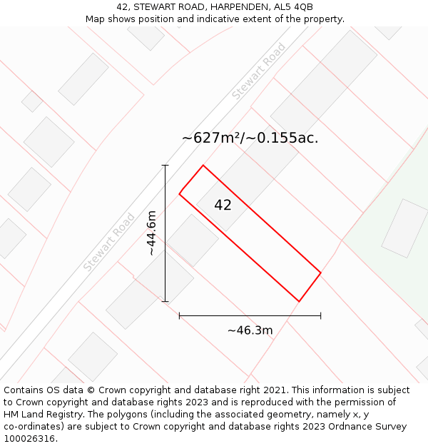 42, STEWART ROAD, HARPENDEN, AL5 4QB: Plot and title map