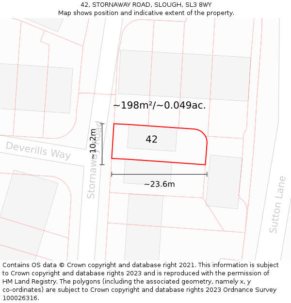 42, STORNAWAY ROAD, SLOUGH, SL3 8WY: Plot and title map