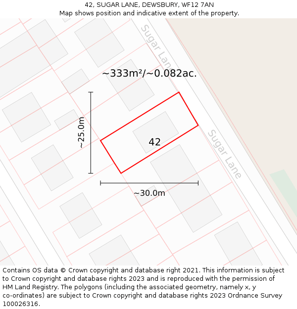 42, SUGAR LANE, DEWSBURY, WF12 7AN: Plot and title map