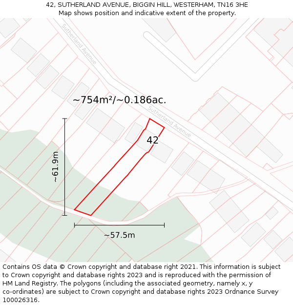 42, SUTHERLAND AVENUE, BIGGIN HILL, WESTERHAM, TN16 3HE: Plot and title map