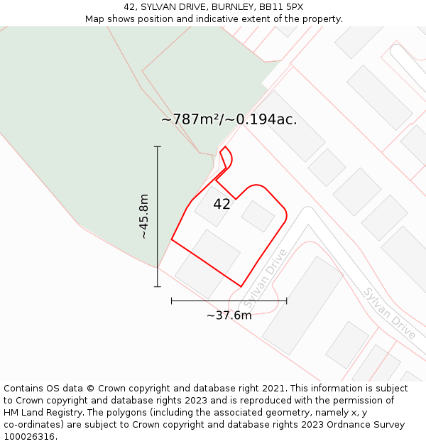 42, SYLVAN DRIVE, BURNLEY, BB11 5PX: Plot and title map