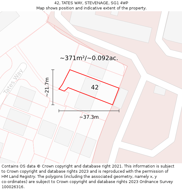 42, TATES WAY, STEVENAGE, SG1 4WP: Plot and title map