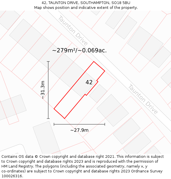 42, TAUNTON DRIVE, SOUTHAMPTON, SO18 5BU: Plot and title map