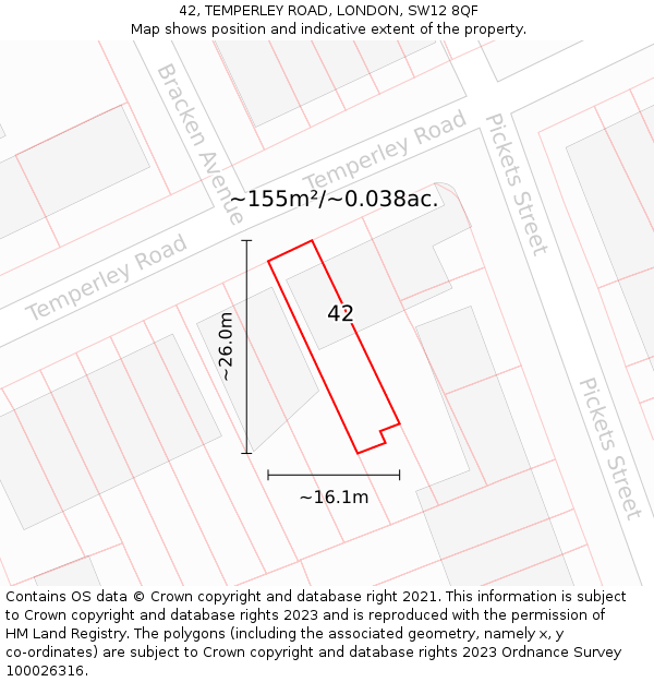 42, TEMPERLEY ROAD, LONDON, SW12 8QF: Plot and title map