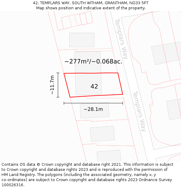 42, TEMPLARS WAY, SOUTH WITHAM, GRANTHAM, NG33 5PT: Plot and title map