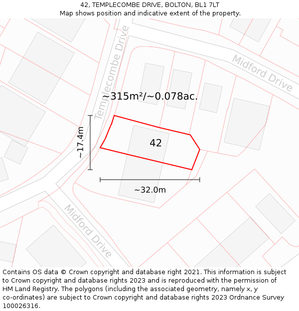 42, TEMPLECOMBE DRIVE, BOLTON, BL1 7LT: Plot and title map